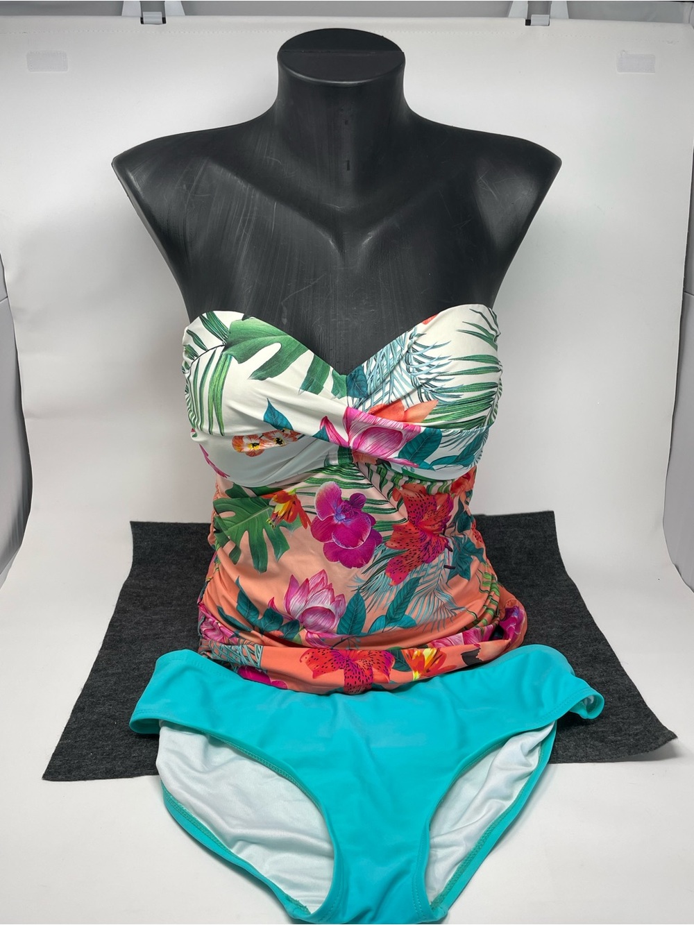 La Blanca Floral Bandeau Tankini Top and a Turquoise Bottom